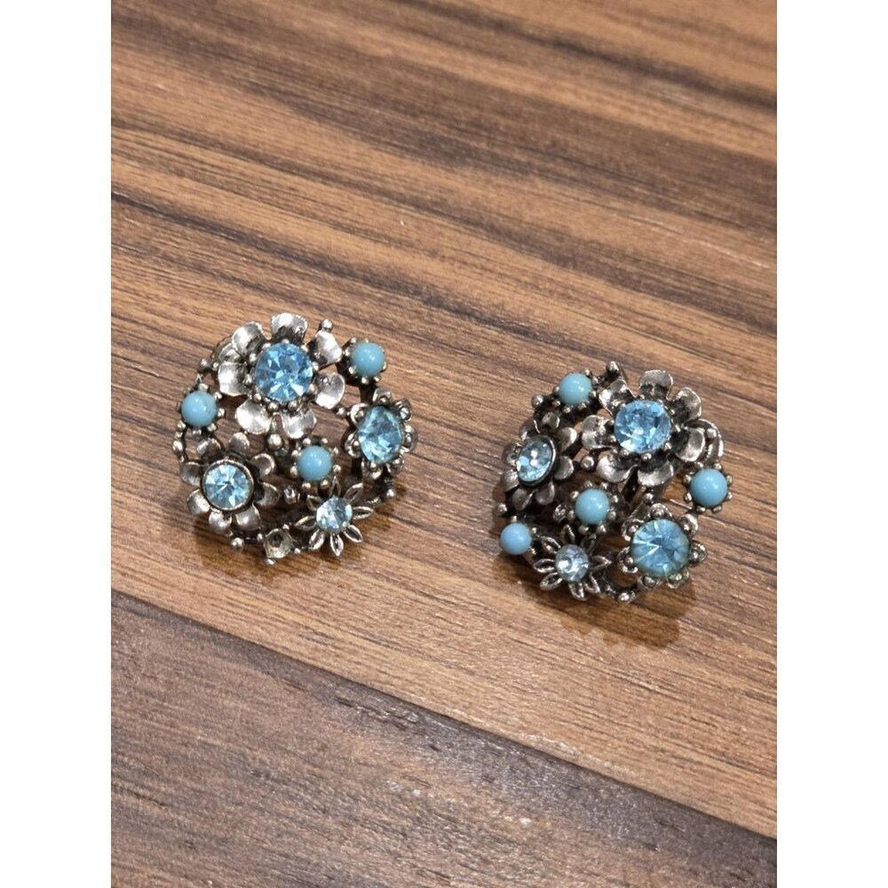 Vtg Lisner Earrings Signed Screw Back Blue Rhinestone Faux Pearl As Is - Picture 3 of 11